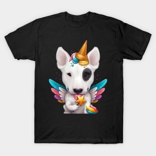 White Bull Terrier with Black Eye Patch Ice Cream Unicorn T-Shirt